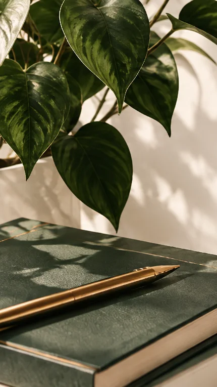 Planta, livro verde e caneta dourada sobre a mesa do estúdio